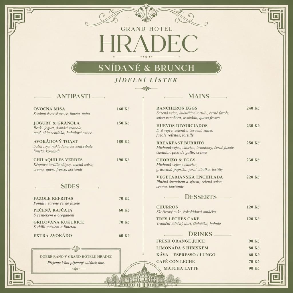 Vintage menu karta A4 pro Grand Hotel Hradec, mexický brunch v šalvějové a krémové, s cenami a dekorativní hlavičkou.