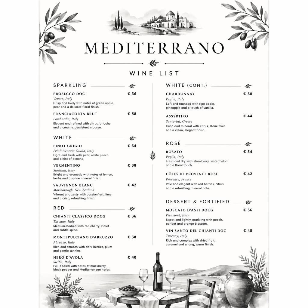 A4 portrait wine list menu card in black and white with decorative header, section titles, placeholder dishes, prices.