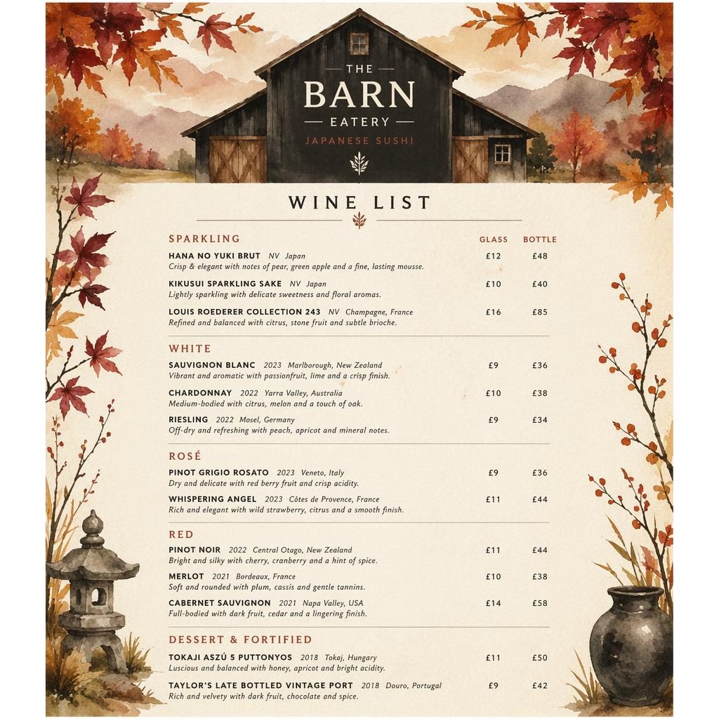 A4 portrait sushi wine list menu for The Barn Eatery Design in watercolor style with autumn tones and clean prices.