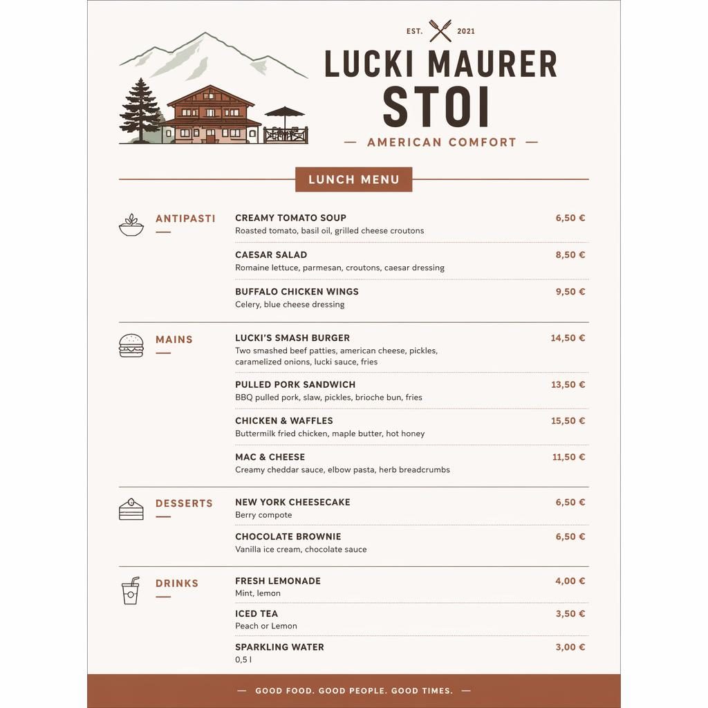 A4-Menükarte im Hochformat für lucki maurer stoi speisekarte, minimalistisch, warme Erdtöne, Preisleiste