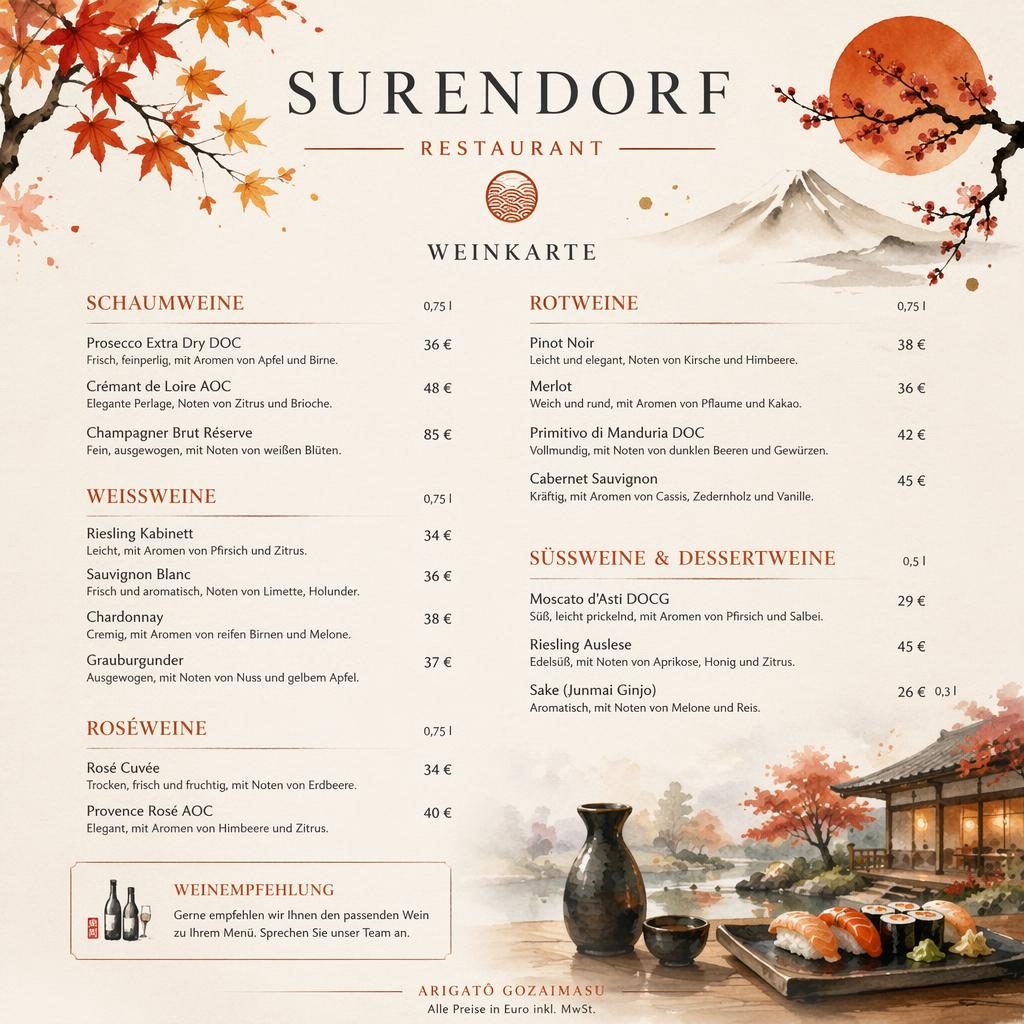 A4-Menükarte im Hochformat für surendorf restaurant, japanische Sushi-Weinkarte mit Aquarelloptik und Preisspalte