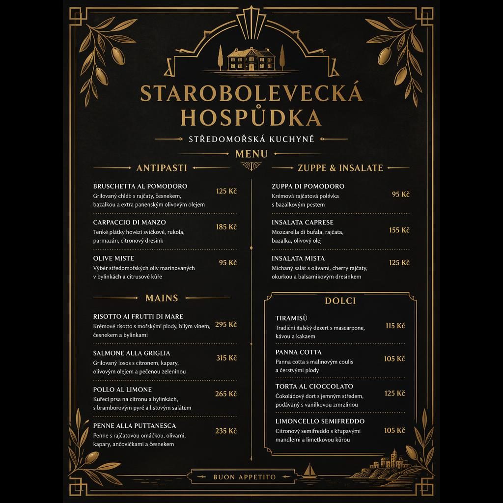 Luxusní dezertní menu A4 na výšku v černo-zlatém art deco stylu s dekorativní hlavičkou a sloupcem cen.
