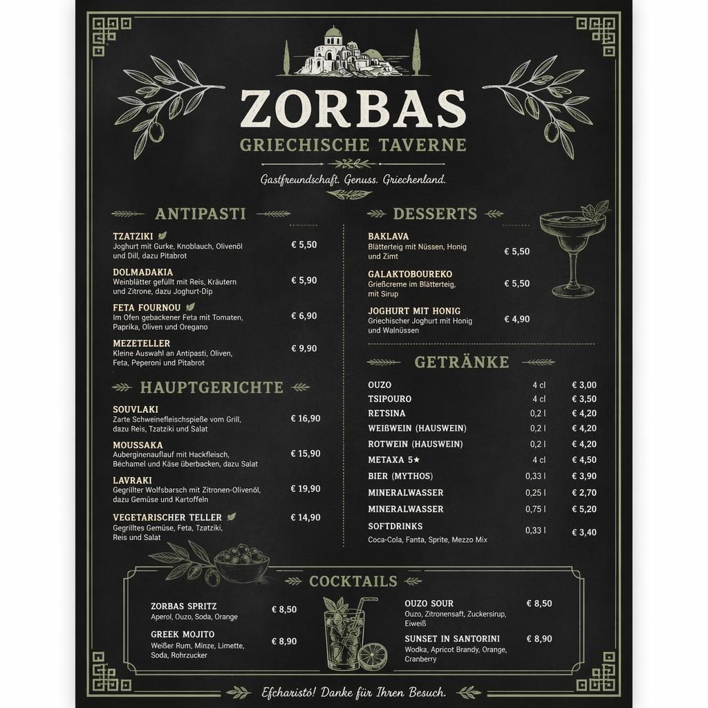 A4-Getränke- und Cocktailkarte für griechische Restaurant-Bäckerei im Chalkboard-Stil in Salbei und Elfenbein