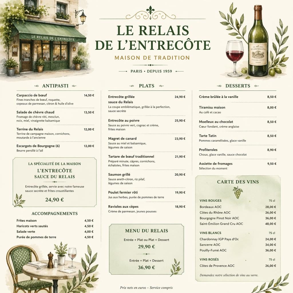 Carte des vins mexicaine en format A4 portrait, style aquarelle cosy vert sauge et ivoire, avec en-tête décoratif et colonne de prix.