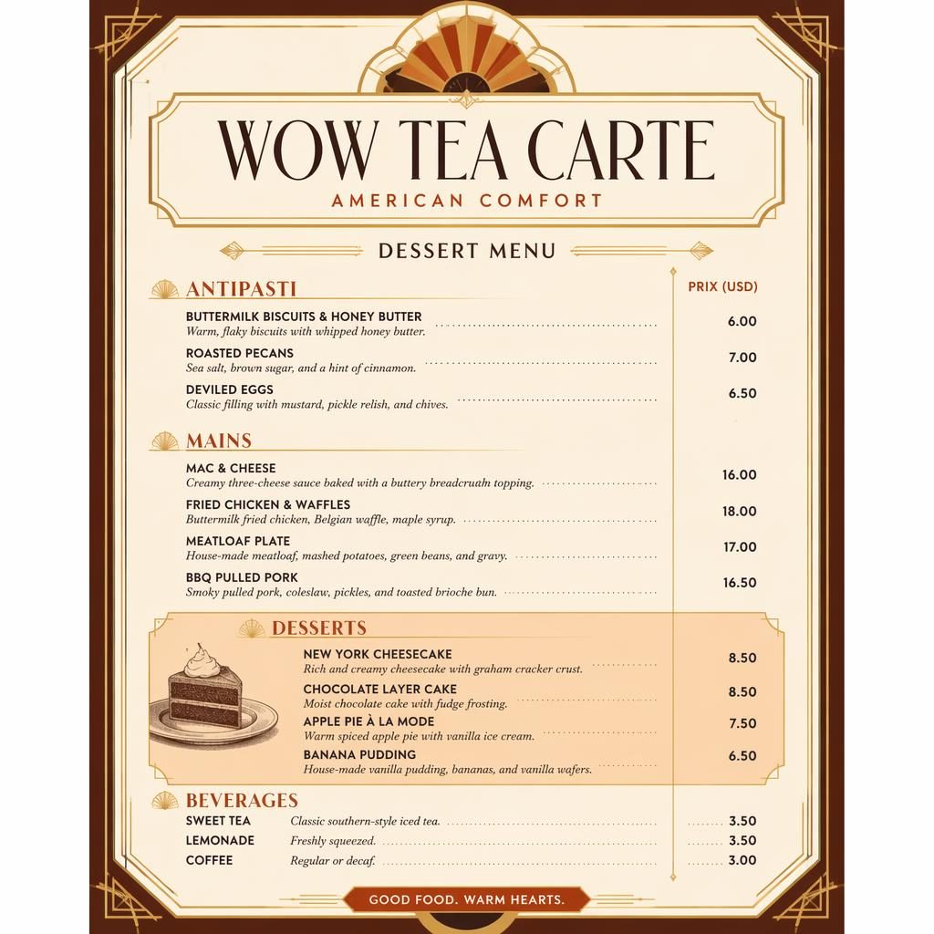 Carte de menu dessert A4 en style art déco, tons terre chauds, en-tête décoratif, typographie factice et colonne de prix.