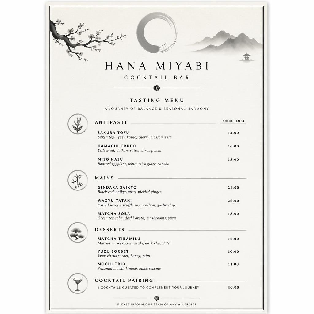 A4 portrait menu card in minimal monochrome Japanese kaiseki style with decorative header, placeholder dishes and prices.