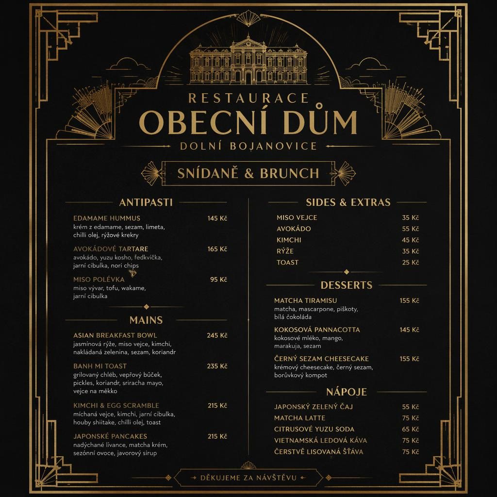 Luxusní brunch menu A4 pro restaurace obecní dům dolní bojanovice ve stylu 20. let, černo-zlatá paleta.