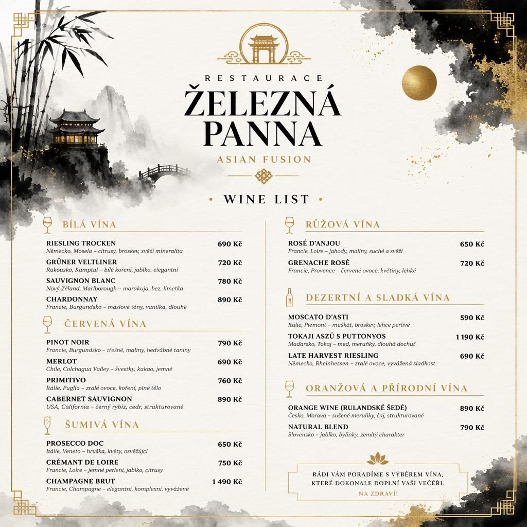 A4 vinný lístek pro restauraci železná panna, akvarelový styl, černo-zlatá paleta, dekorativní záhlaví a ceny.