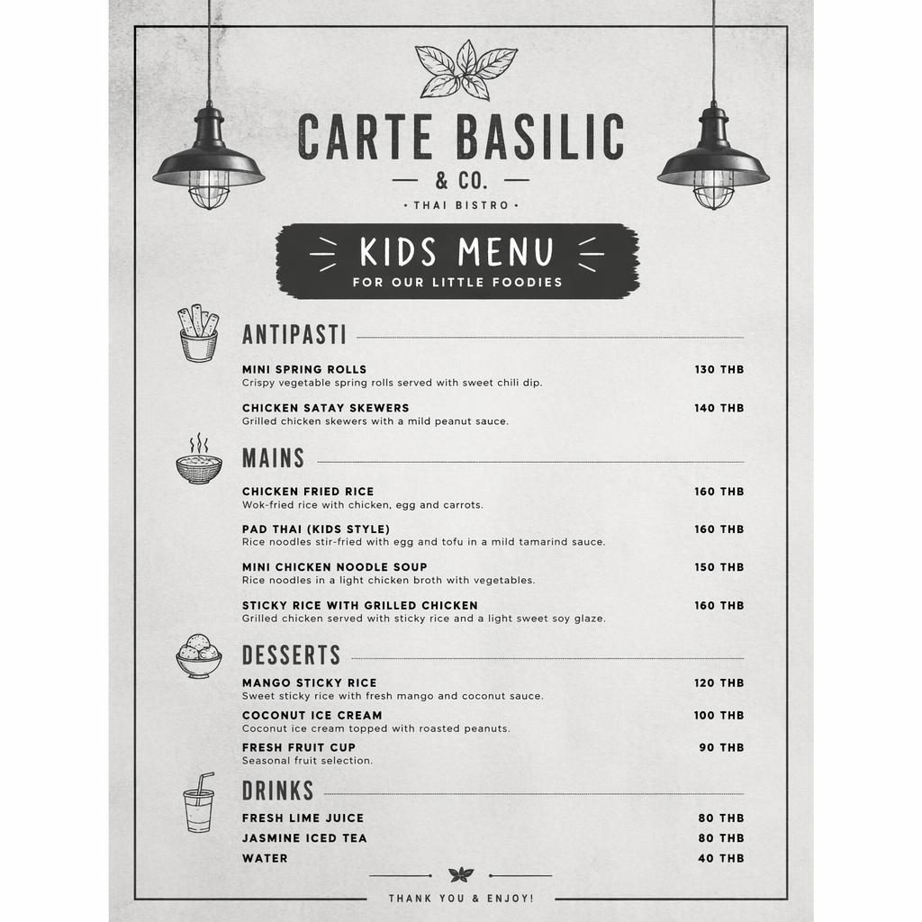Mise en page de menu enfant A4 portrait pour carte basilic and co, style loft industriel monochrome avec rubriques, plats et prix.