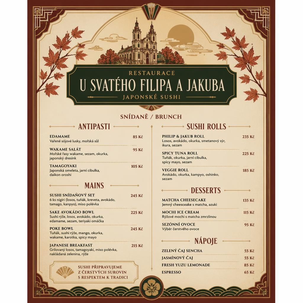 A4 menu karta pro japonské sushi bistro ve stylu 20. let, podzimní paleta, dekorativní záhlaví a sloupec cen