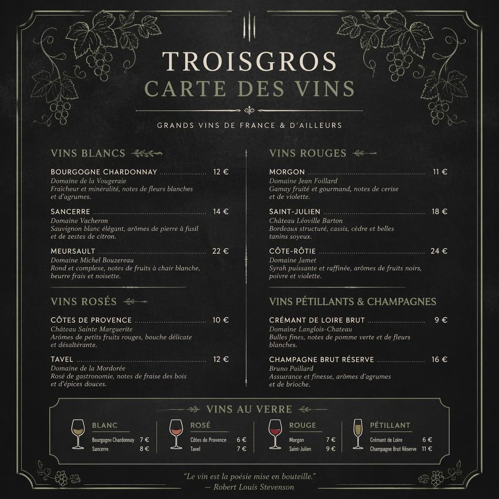 Carte de boissons A4 portrait style ardoise, palette sauge et ivoire, en-tête décoratif, rubriques et colonne de prix.