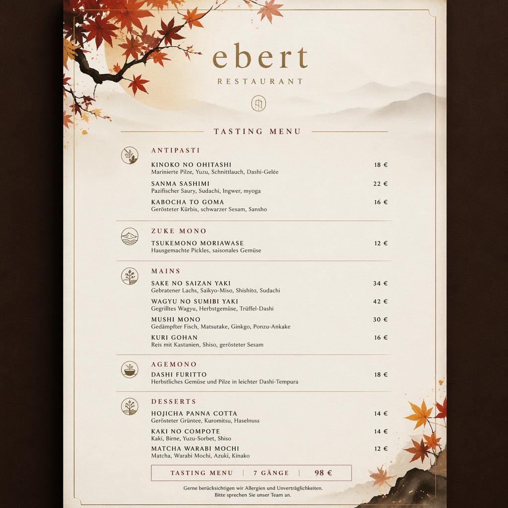 A4-Menükarte für ebert restaurant im japanischen Kaiseki-Stil mit herbstlicher Farbpalette, Zierkopf, Platzhaltertext und Preisen.