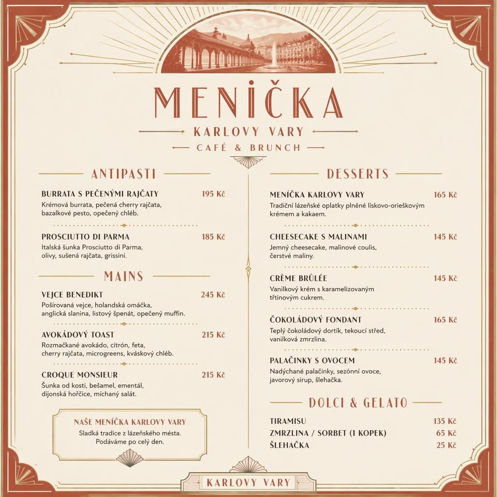A4 dezertní menu ve stylu art deco v teplé krémové a rezavé paletě s dekorativní hlavičkou a sloupcem cen.
