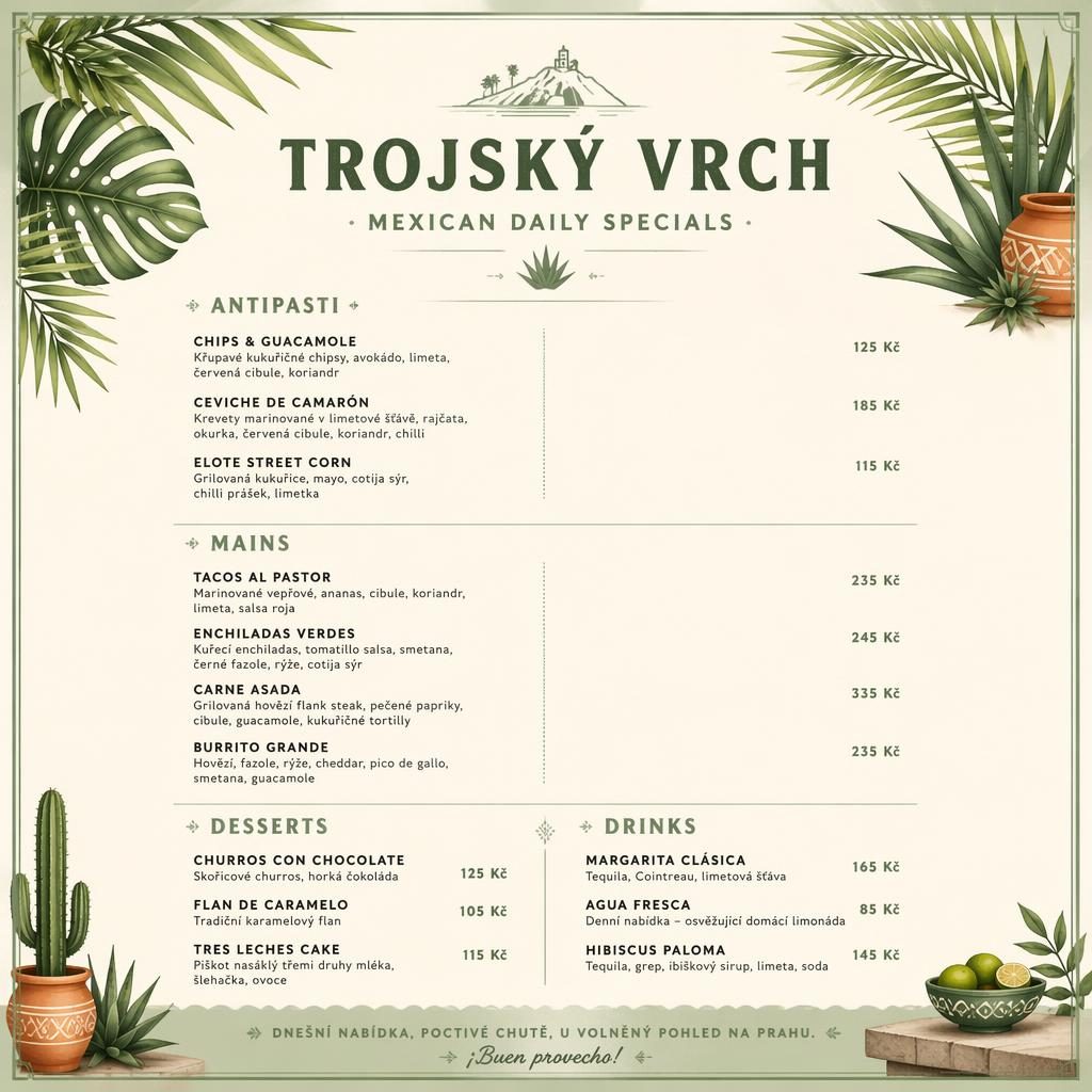 Menu karta A4 na výšku pro trojský vrch menu v mexickém stylu, tropický resort, šalvějová a slonovinová paleta.