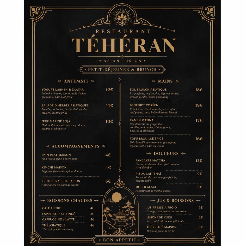Carte de menu A4 portrait pour restaurant téhéran, style années 1920 noir et or, avec en-tête décoratif, sections et colonne de prix.