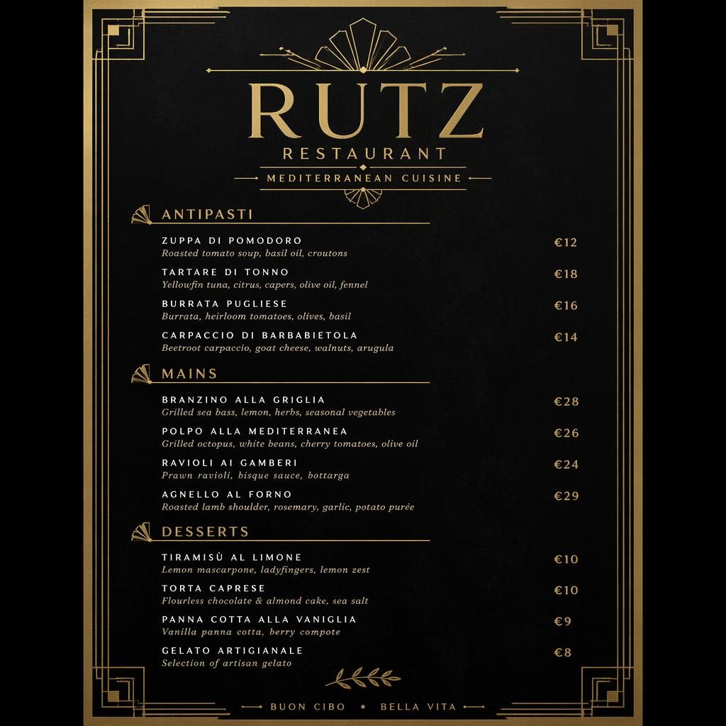A4-Dessertkarte für rutz restaurant im Art-Déco-Stil, schwarz-gold, mit Zierkopf, Platzhaltertext und Preisspalte