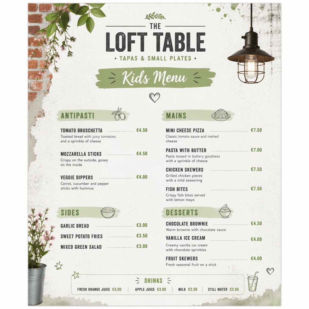 A4 portrait kids tapas menu card template with industrial loft styling, spring colors, placeholder sections, dishes, and prices.