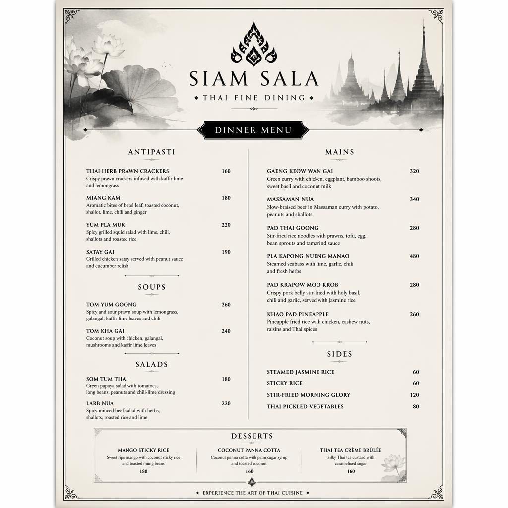 A4 portrait Thai dinner menu card with luxury fine dining layout, monochrome palette, decorative header, sections and price column.
