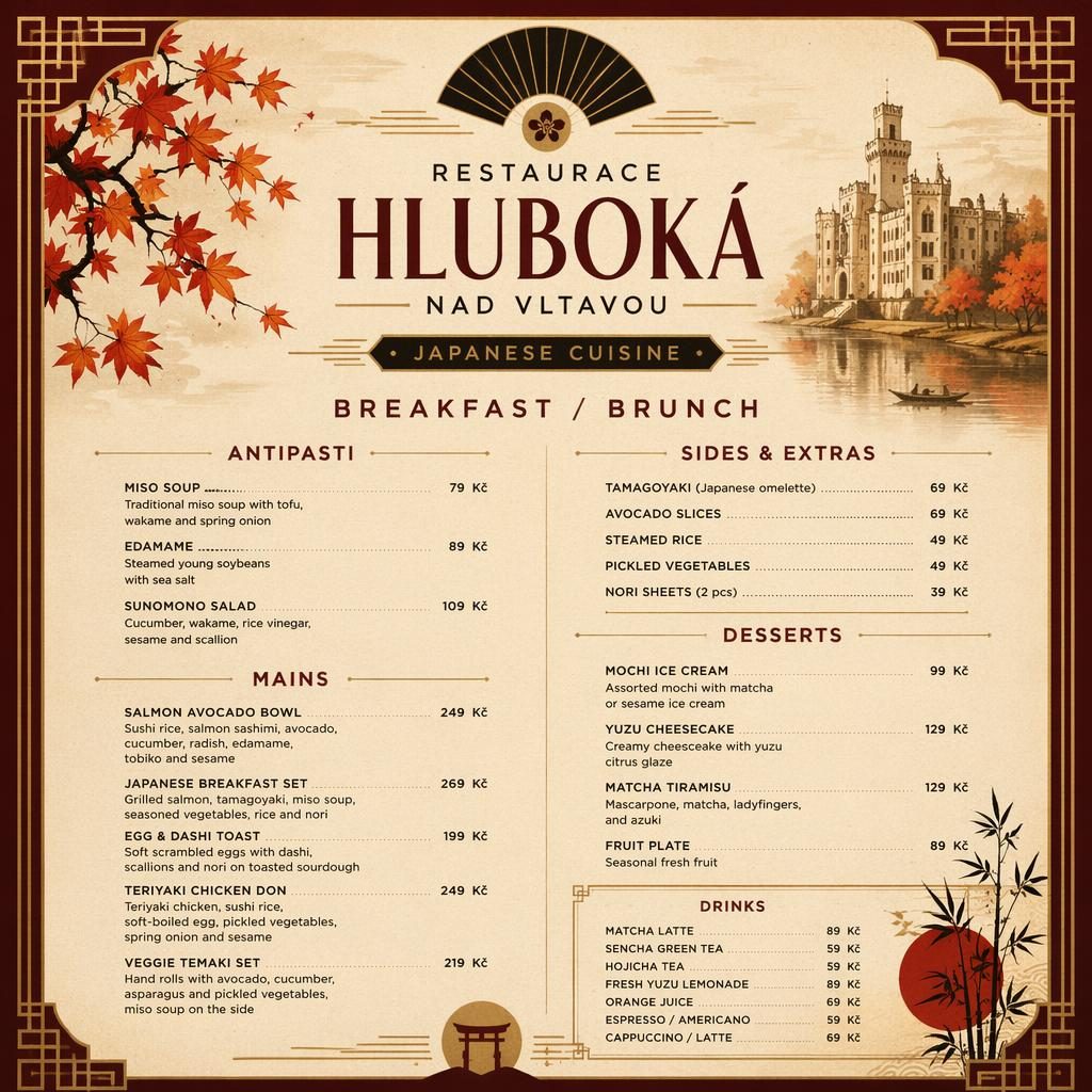 Ilustrace A4 jídelního lístku pro sushi restauraci v Hluboké nad Vltavou ve stylu 20. let s podzimní paletou.