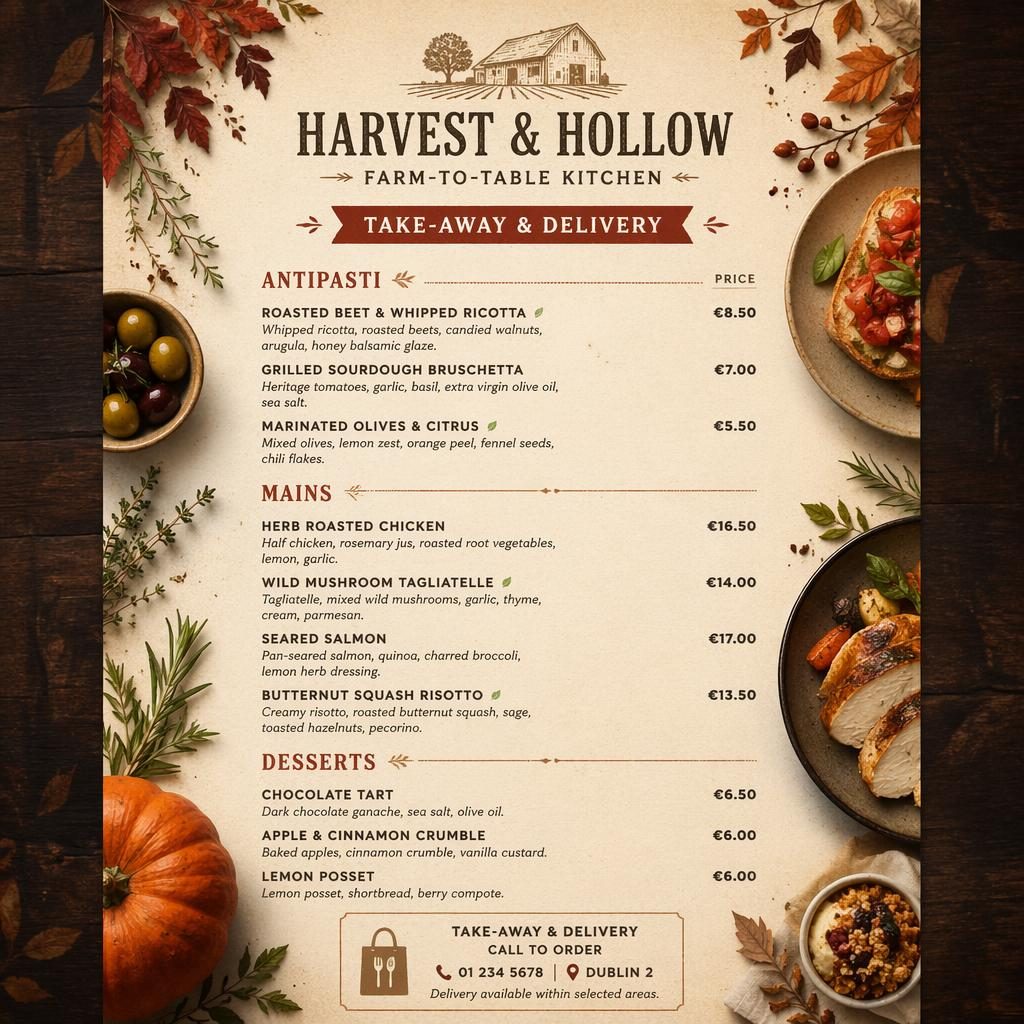 A4 portrait restaurant menu layout with rustic autumn colors, decorative header, section headings, dish placeholders, and prices.