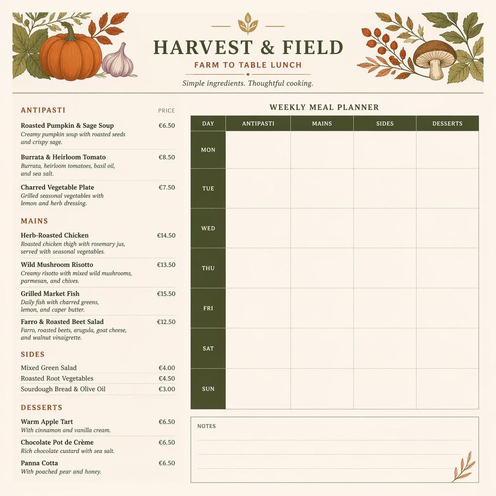A4 portrait minimalist Swiss lunch menu card in an autumn palette with decorative header, sections, placeholder dishes, and prices