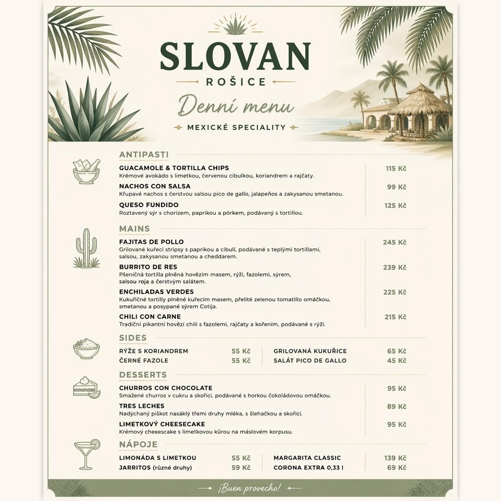 A4 jídelní lístek Slovan Rosice Menu v mexickém stylu, tropický resort, šalvějová a slonovinová, s cenami.