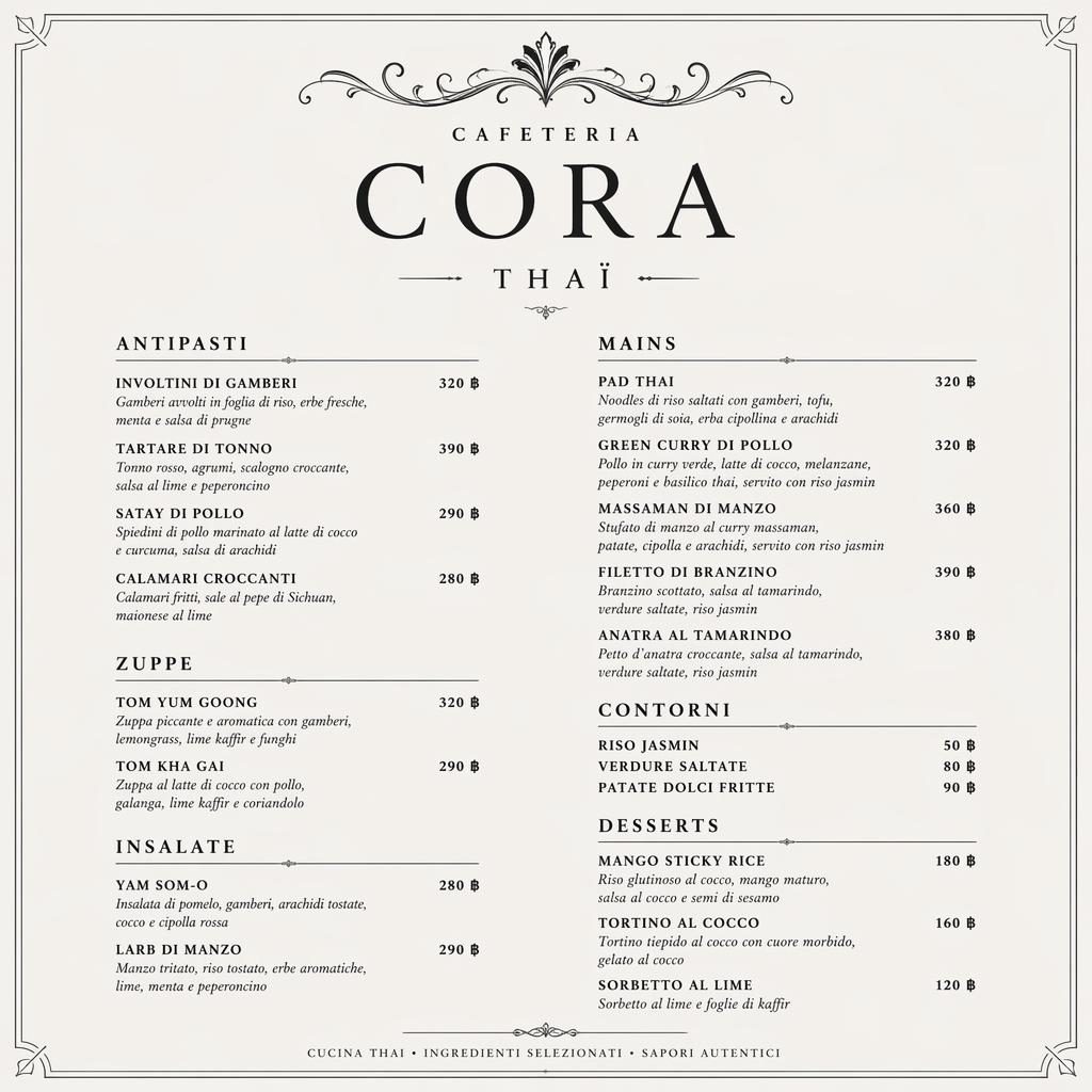 Carte de menu thaï en format A4 portrait, noir et blanc, style fine dining avec en-tête décoratif et colonne de prix.