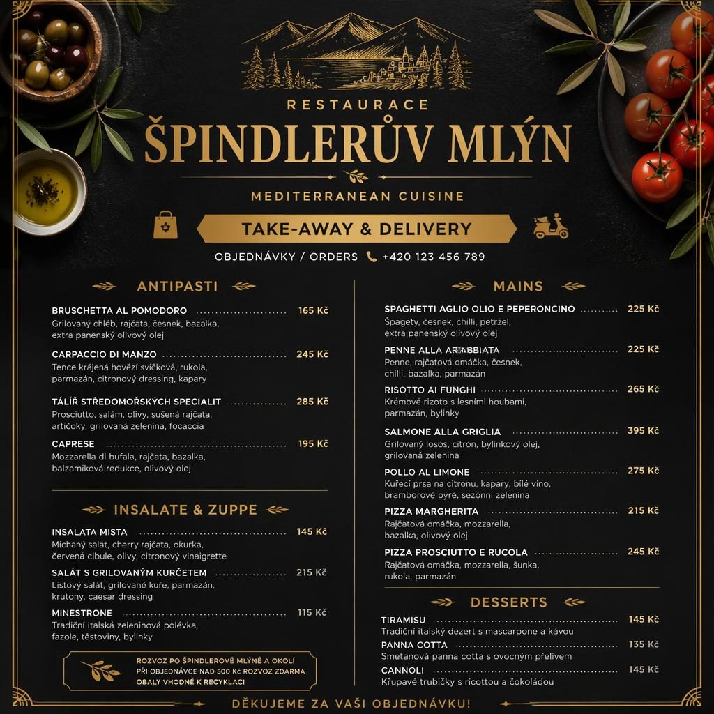 A4 menu karta pro restaurace špindlerův mlýn, rustikální černo-zlatý design, sekce jídel, popisy a ceny.