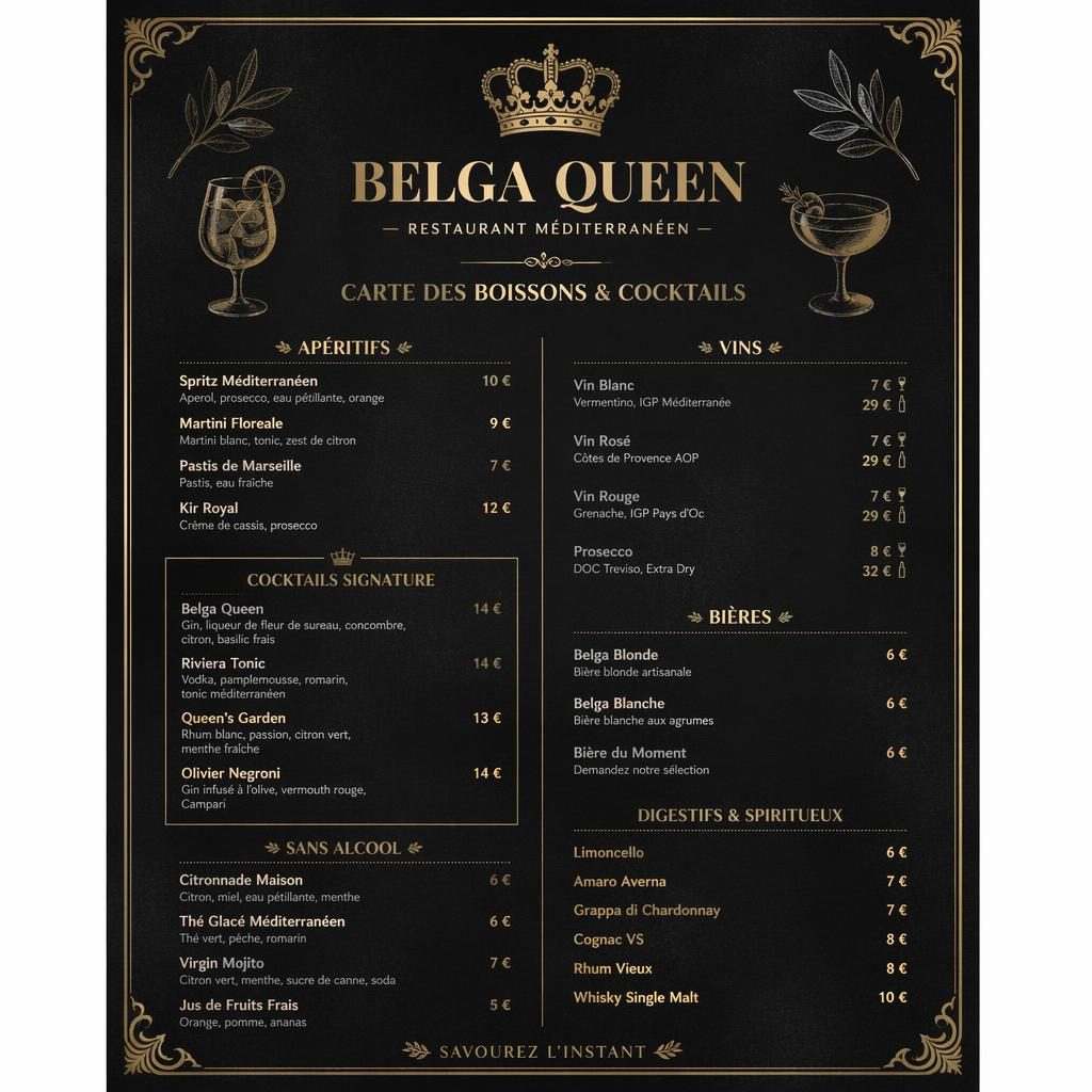 Carte de cocktails A4 en style ardoise noir et or, avec en-tête décoratif, typographie soignée et colonne de prix.