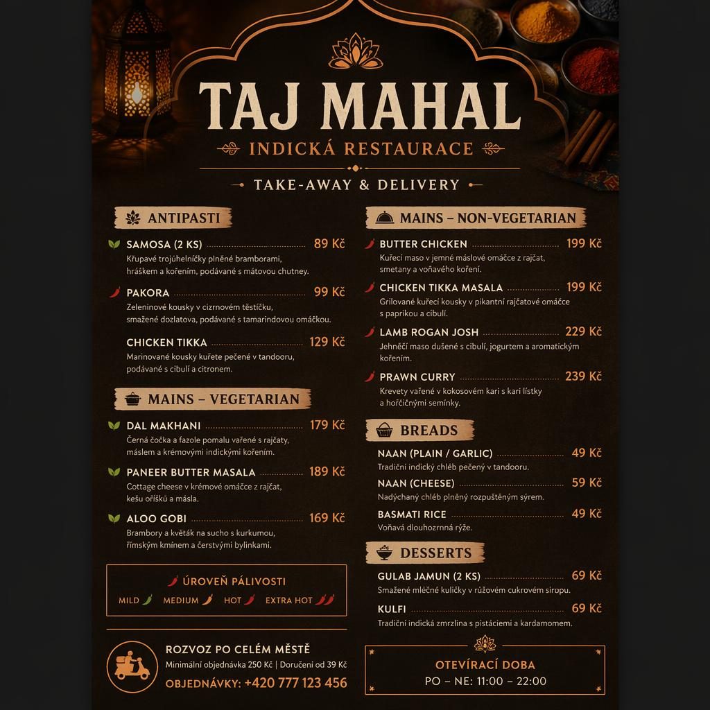 A4 menu karta indické restauraci na odnos a rozvoz, tmavý rustikální design, dekorativní záhlaví, sekce a ceny.