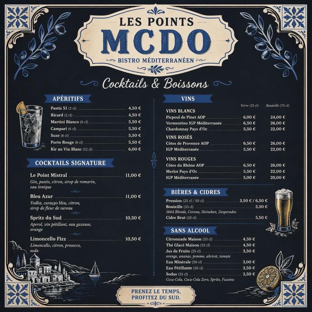 Carte de cocktails A4 en style ardoise, palette bleu méditerranéen et crème, avec en-tête décoratif et colonne de prix.