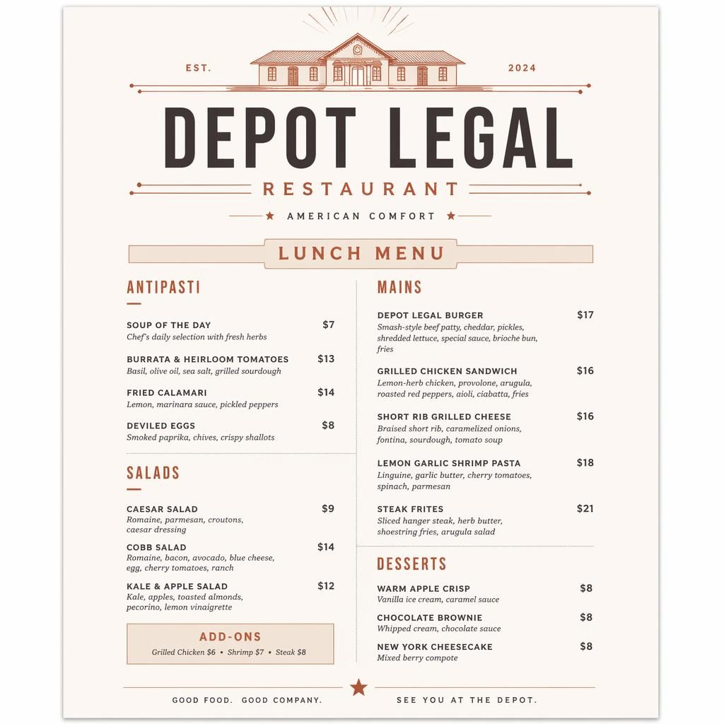 Carte de menu déjeuner A4 portrait pour depot legal restaurant, style suisse minimaliste, palette terre chaude, typographie sobre et colonne de prix.