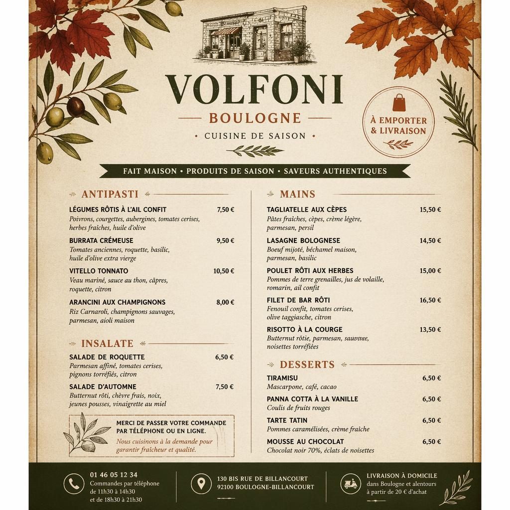Carte menu A4 en portrait pour restaurant volfoni boulogne, style rustique chaud, rubriques, plats et colonne de prix.