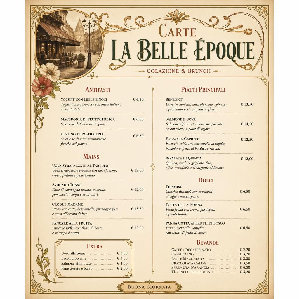 Menu italien brunch A4 portrait, style années 1920, palette terre chaude, en-tête décoratif, rubriques et colonne de prix.