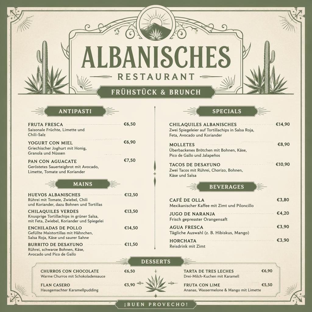 A4-Menükarte im Stil der 1920er in Salbei und Elfenbein mit dekorativem Header, Platzhaltertext und Preisspalte