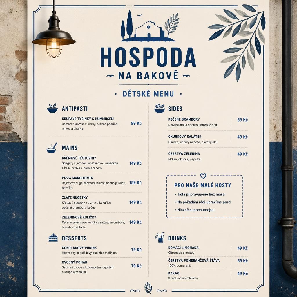 A4 dětské menu pro hospoda na bakově v industriálním loft stylu, modro-krémová paleta, sekce jídel a sloupec cen.