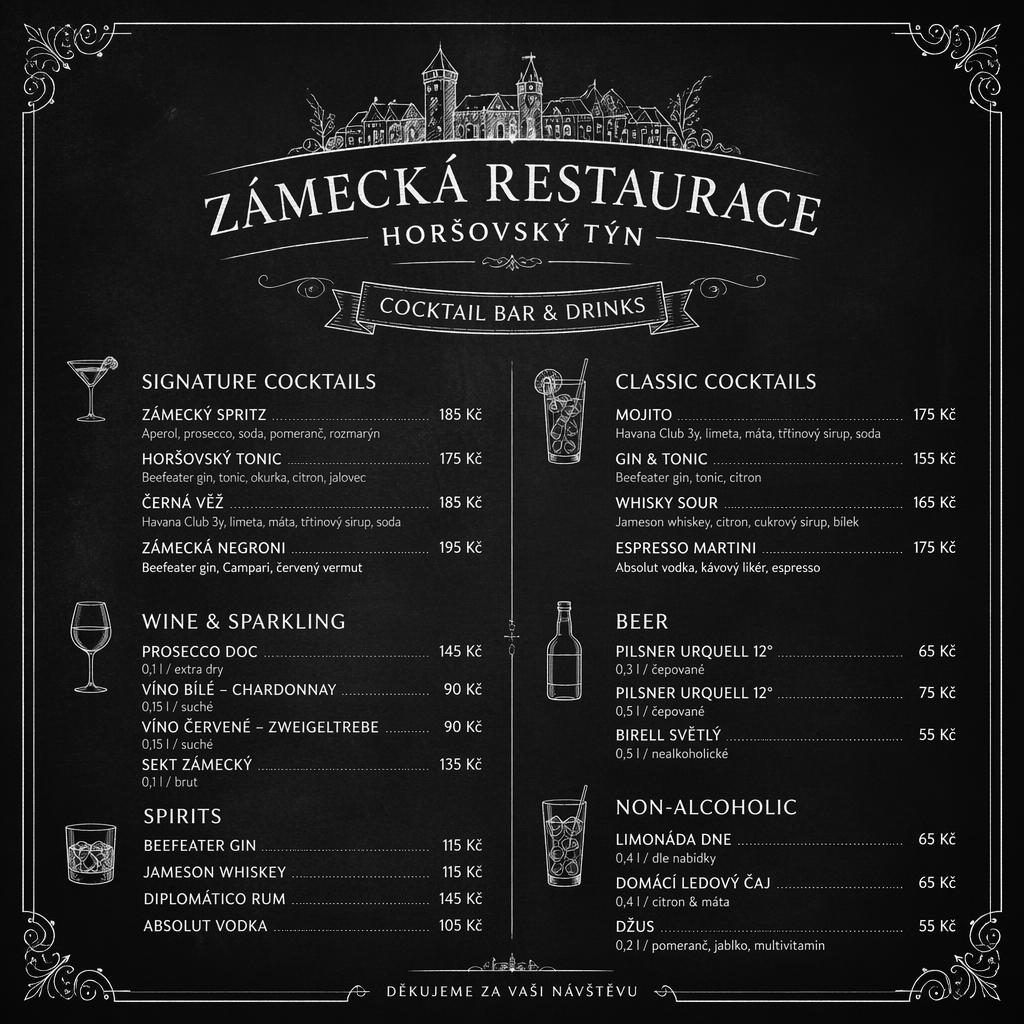 A4 nápojový lístek pro zámeckou restauraci v křídovém stylu, černobílá paleta, dekorativní hlavička a sloupec cen.