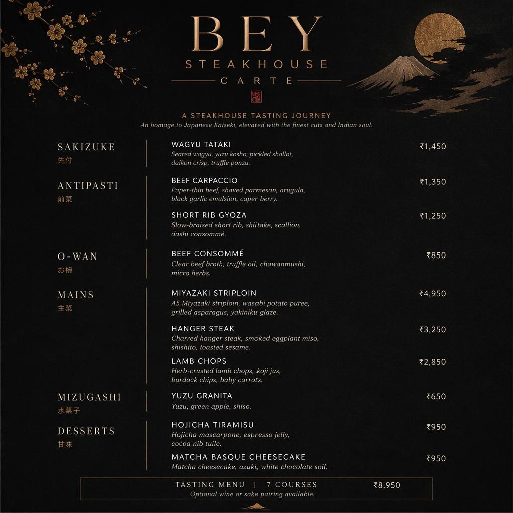Carte de menu A4 portrait pour bey steakhouse carte, style kaiseki sombre, avec en-tête décoratif, rubriques, plats et prix.
