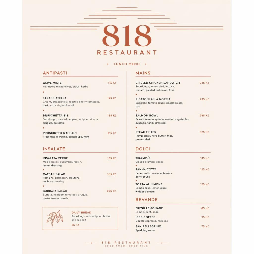 Minimalistický obědový menu card pro 818 restaurant ve formátu A4, krémová a rezavá paleta, sekce jídel a ceny.