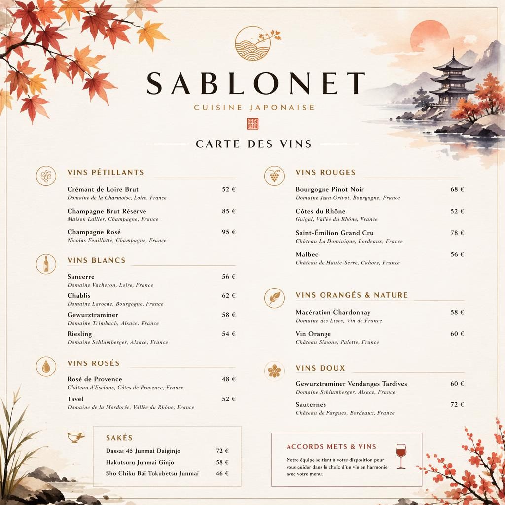 Carte des vins A4 en portrait pour restaurant sablonet, style aquarelle cosy aux tons d’automne, avec en-tête décoratif.