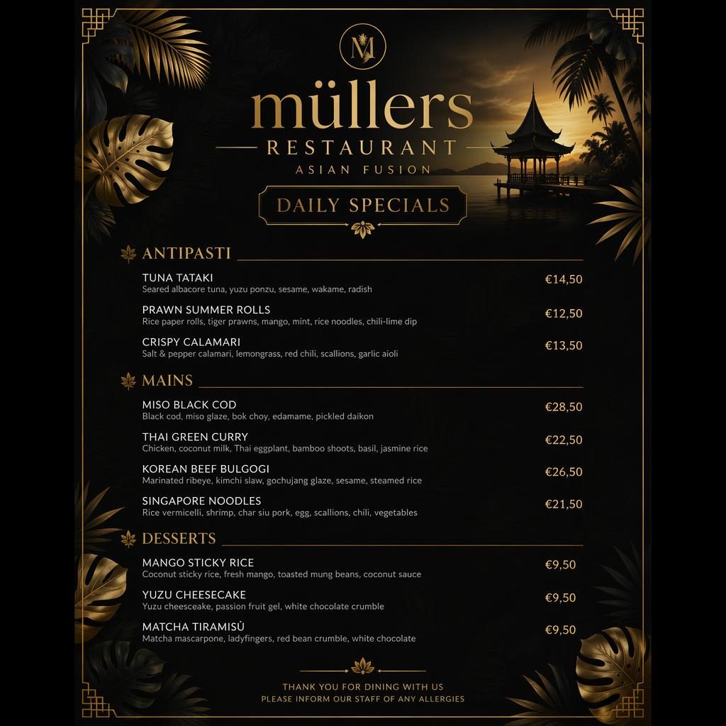 A4-Menükarte für müllers restaurant im Asia-Fusion-Stil, schwarz-gold, tropisches Resort-Design mit Tagesgerichten und Preisen