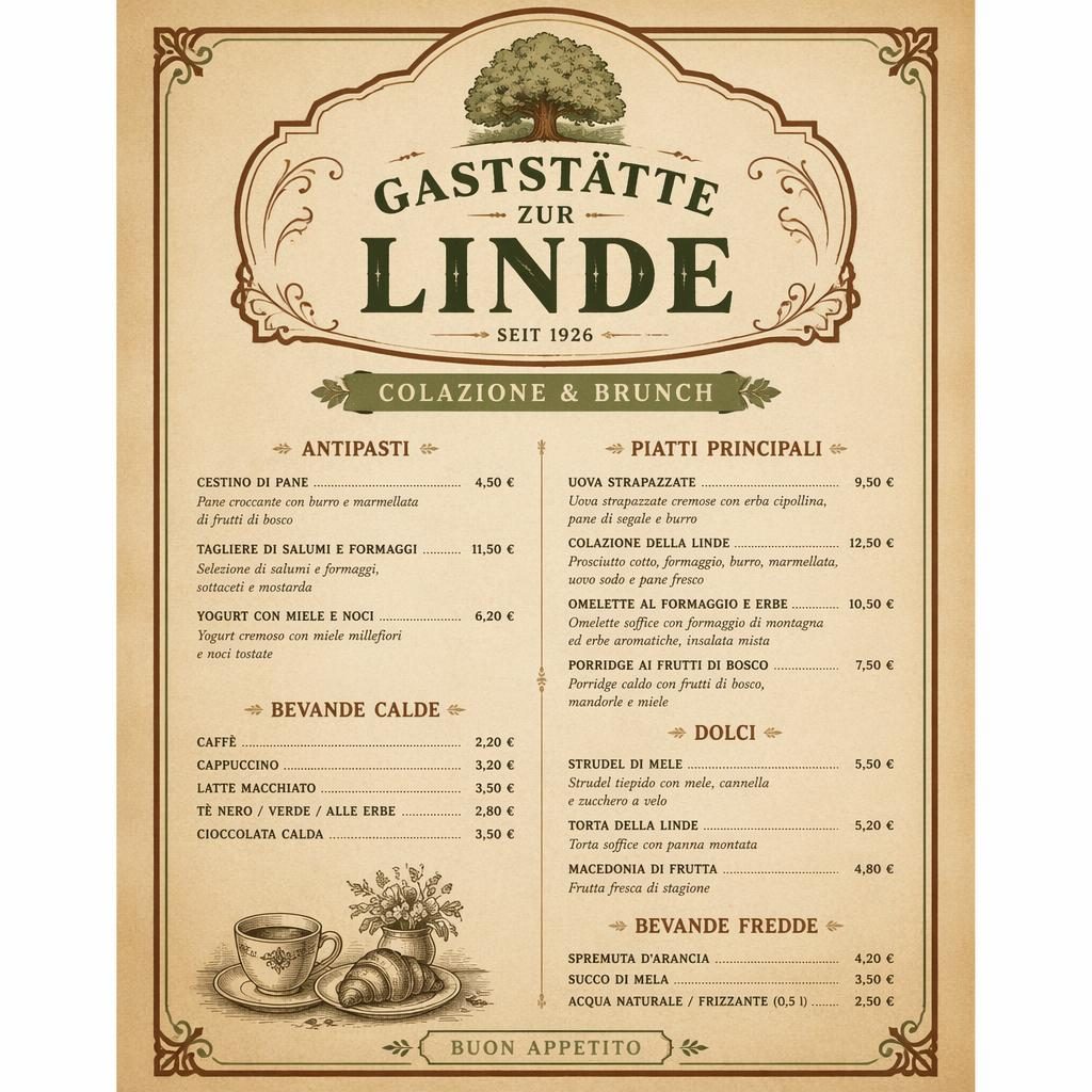 A4-Menükarte für gaststätte zur linde im italienischen Frühstücksdesign, Vintage-1920er, warme Erdtöne, Preisspalte