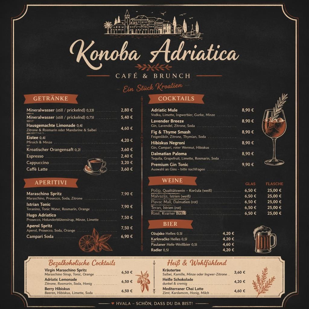 A4-Cocktailkarte im Chalkboard-Café-Stil in Creme und Rost mit dekorativem Header, Platzhaltertext und Preisspalte