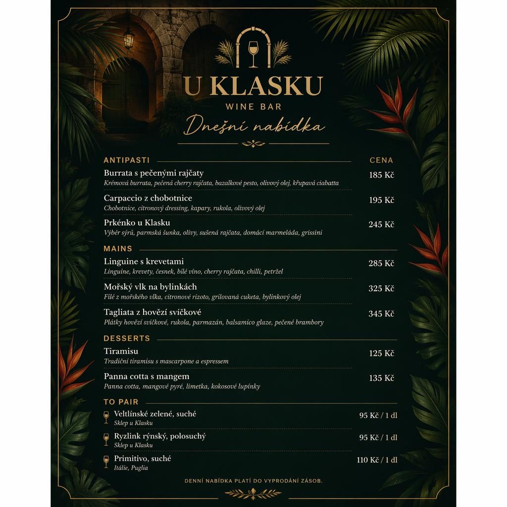 A4 jídelní lístek na výšku pro wine bar U Klásku, tmavá tropická grafika, sekce jídel, ceny a dekorativní záhlaví.