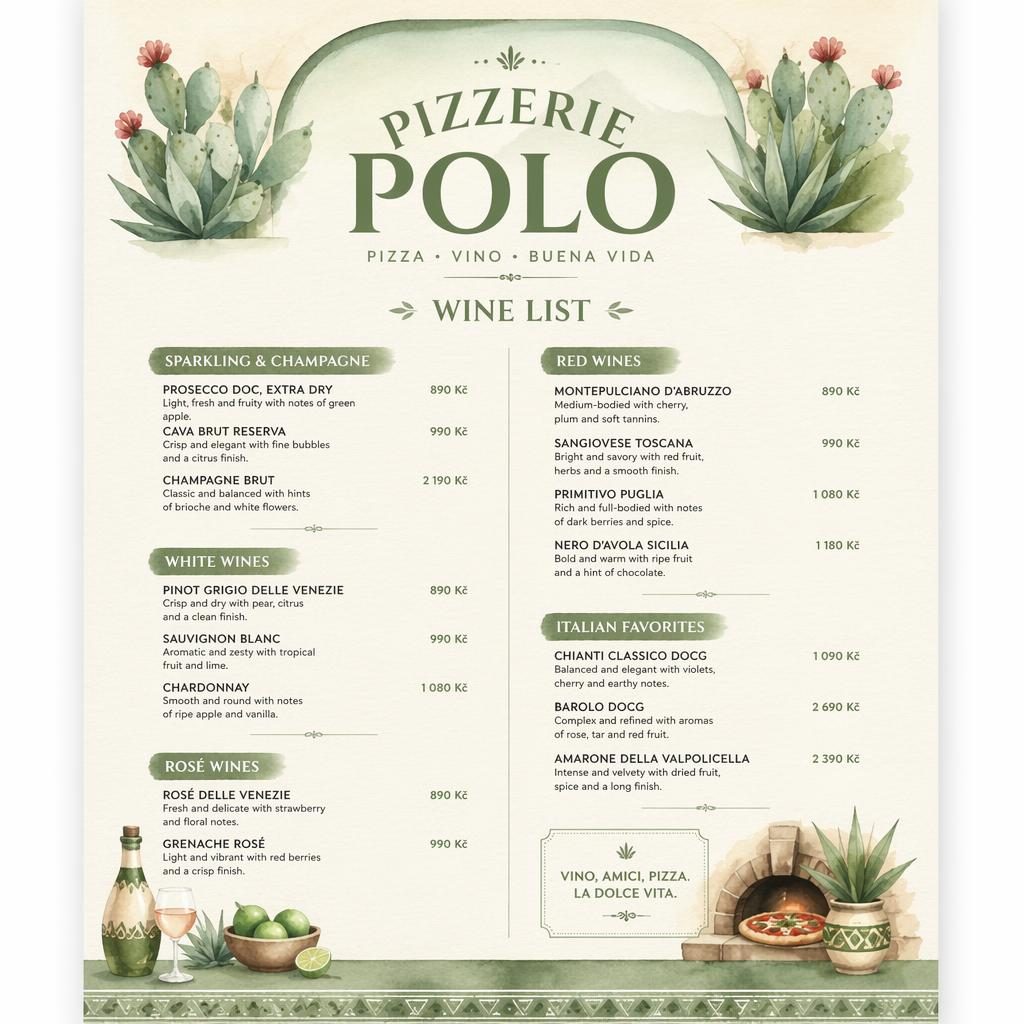 A4 vinný lístek pro pizzerie polo v akvarelovém stylu, šalvějová a ivory paleta, dekorativní záhlaví a ceny.