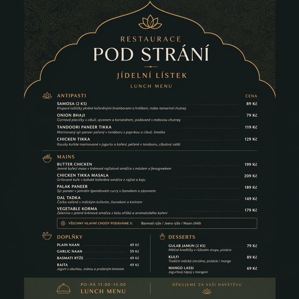 Minimalistický A4 jídelní lístek indické restaurace v tmavé paletě se sekcemi, cenovým sloupcem a dekorativní hlavičkou.