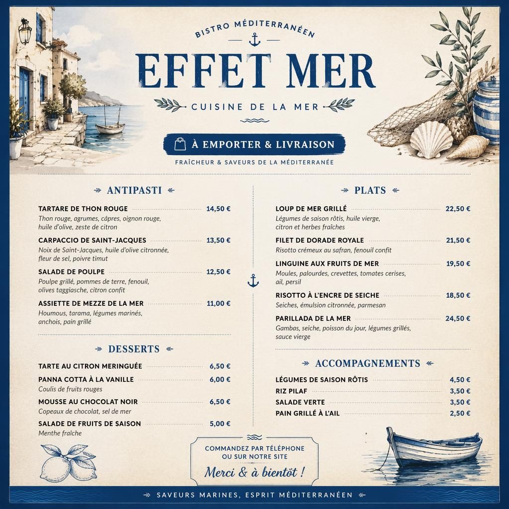 Carte de menu A4 portrait pour effet mer menu, style bistrot rustique, bleu méditerranéen et crème, rubriques et prix.