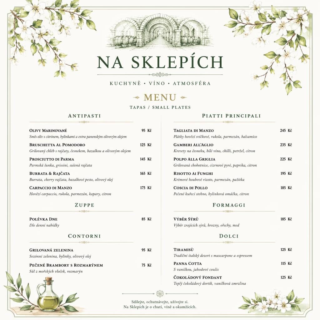 A4 jídelní lístek pro na sklepích menu v luxusním fine dining stylu, jarní paleta, sekce, ceny a dekorativní hlavička.