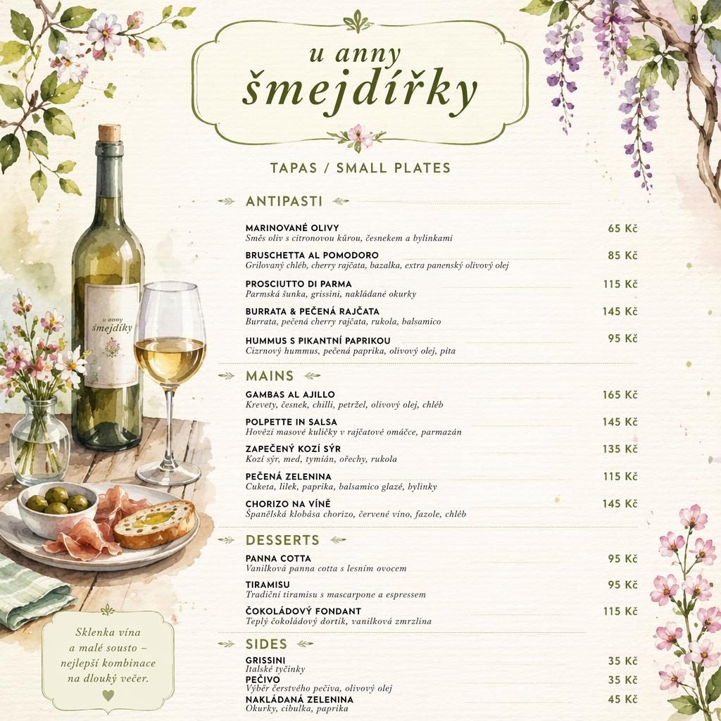 Akvarelový vinný lístek A4 na výšku pro U Anny Šmejdířky s dekorativní hlavičkou, sekcemi, cenami a jarní paletou.