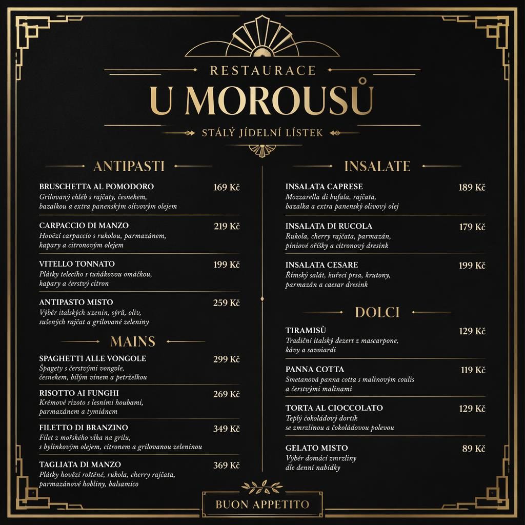 A4 dezertní menu ve stylu art deco, černo-zlatá paleta, dekorativní záhlaví, názvy dezertů a sloupec cen.